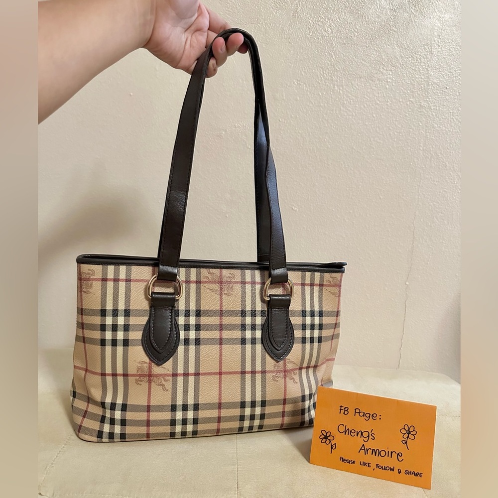 Burberry London Women's Haymarket Check Beige Leather PVC Tote Shoulder Bag